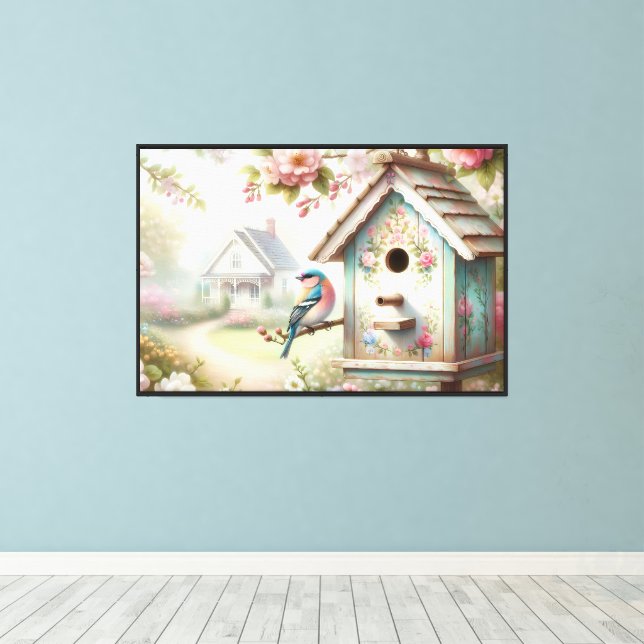 Impressão Em Tela Casa de Pássaros da Primavera com Flores Pastel e  (Insitu(piso de madeira))