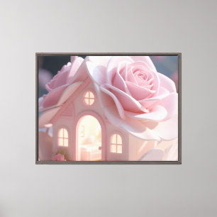 Impressão Em Tela Casa de Rosa Rosa Sonhadora Arte Pastel Suave e Ca