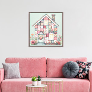 Impressão Em Tela Casa Floral Cottagecore de Patchwork Falso