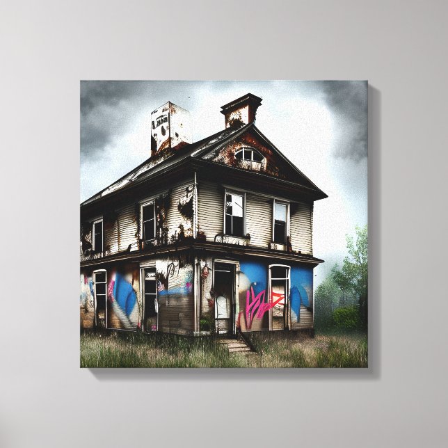 Impressão Em Tela Casa Velha Abandonada com Grafite de Spray (Frente)