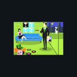 Impressão Em Tela Casal de desenho urbano retrô impressão de tela es<br><div class="desc">Este Casal de desenho animado urbano "Streted Canvas Print" apresenta o desenho animado de um apartamento de penthouse elegantemente decorado, com vista para uma linha do horizonte da cidade. O apartamento tem um chão verde e uma parede de tijolos verdes. Na parede estão quatro Classic Movie Martini Stretered Canvas Prints,...</div>