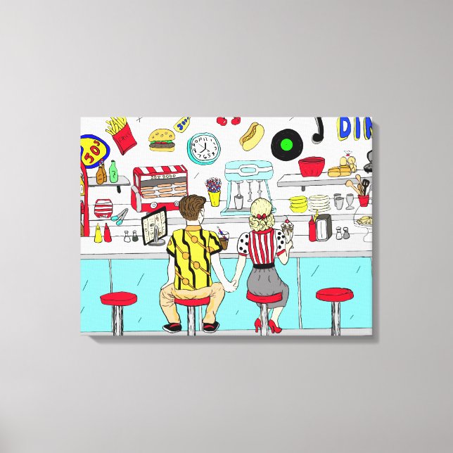 Impressão Em Tela Casal Prendendo Jantar de Anos 50 Retro Nostálgico (Frente)