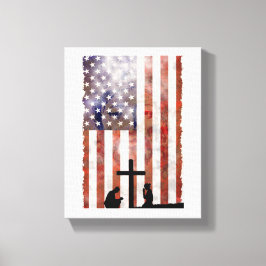 Impressão Em Tela Casal Rezando na Cruz. Bandeira, Jesus Fundo