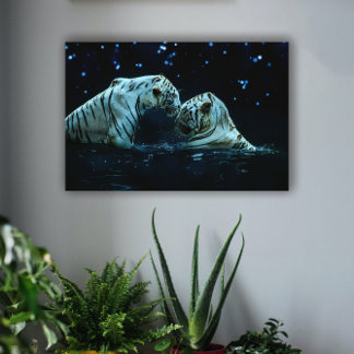 Impressão Em Tela Casal Romântico de Tigre Branco sob a Noite Estrel