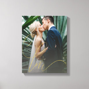 Impressão Em Tela Casamento com Script de Amor Dourado Elegante