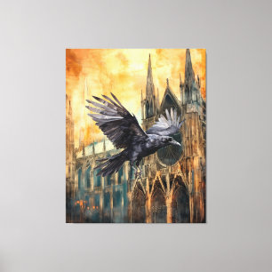 Impressão Em Tela Catedral Gótica Medieval e Raven Voadora