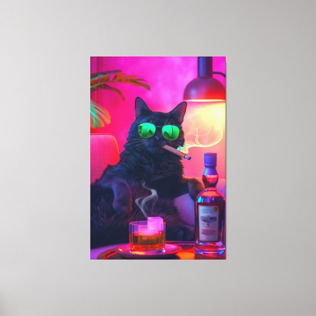 Impressão Em Tela Cavalheiro Bebendo Gato Whiskey | Bar engraçado (Frente)