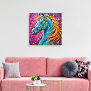 Impressão Em Tela Cavalo Árabe Turquesa Majestoso Impasto