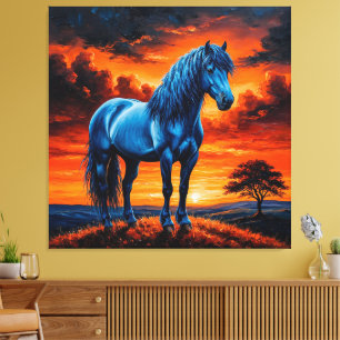 Impressão Em Tela Cavalo Azul em uma Pintura de Paisagem de Pôr do S