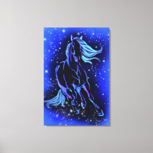 Impressão Em Tela Cavalo Azul Neon Correndo À Lua À Noite Estrelad