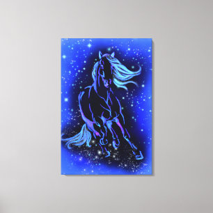 Impressão Em Tela Cavalo Azul Neon Correndo À Lua À Noite Estrelad