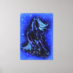 Impressão Em Tela Cavalo Azul Neon Correndo À Lua À Noite Estrelada