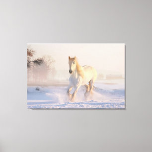 Impressão Em Tela Cavalo Branco Lindo Galopando na Neve