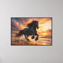 Cavalo Friesian Preto ao Pôr do Sol, Corrida Poder