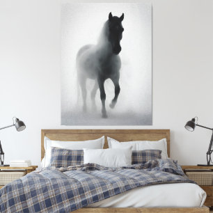 Impressão Em Tela Cavalo Negro Misterioso Emergindo da Névoa
