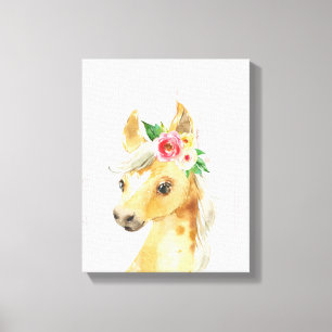 Impressão Em Tela Cavalo Potro Floral Aquarela