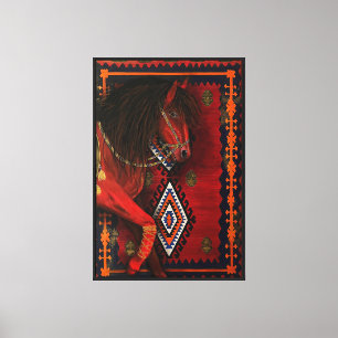 Impressão Em Tela Cavalo Vermelho com Motivos Tradicionais Kilim