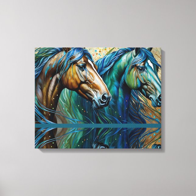 Impressão Em Tela Cavalos Azul Teal, castanho (Frente)