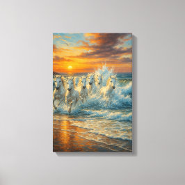 Impressão Em Tela Cavalos Brancos Correndo na Praia no Sunset