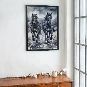 Impressão Em Tela Cavalos de Aquarela Galopando com Graça