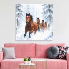 Impressão Em Tela Cavalos Selvagens Correndo por uma Floresta Nevada