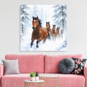 Impressão Em Tela Cavalos Selvagens Correndo por uma Floresta Nevada