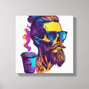 Impressão Em Tela Caveira Cafeinada � Esqueleto de Barista Engraçado