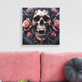 Impressão Em Tela Caveira Gótica Adornada com Rosas