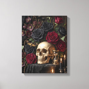 Impressão Em Tela Caveira Gótica Rosas Pretas Halloween Vitoriano So