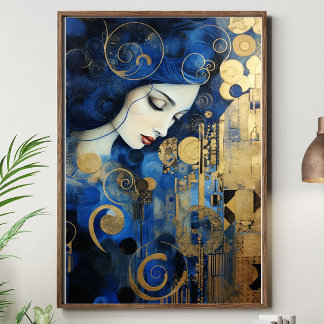 Impressão Em Tela Celestia em Dourado – Mulher Art Déco Azul e Doura