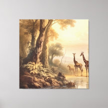 Cena botânica vintage de girafas junto ao rio