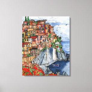 Impressão Em Tela Cena da Costa Amalfitana da Itália em aquarela