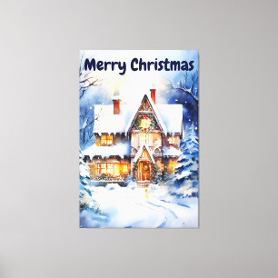 Impressão Em Tela Cena de Inverno com Aquarela de Casa de Natal Neva