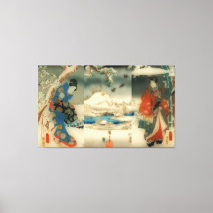 Impressão Em Tela cena de inverno - vintage arte japonesa triptych