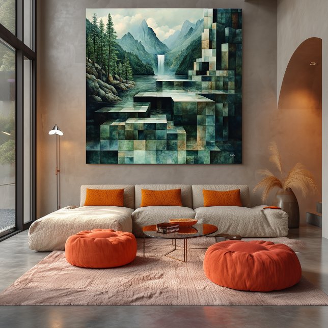 Impressão Em Tela Cena de Montanha Geométrica com Cachoeira e Lago (Criador carregado)