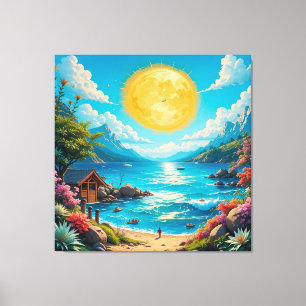 Impressão Em Tela Cena de Praia Tropical com Flores Vibrantes