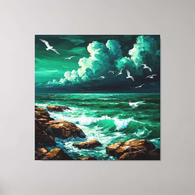 Impressão Em Tela Cena Dramática do Oceano com Gaivotas e Ondas (Frente)