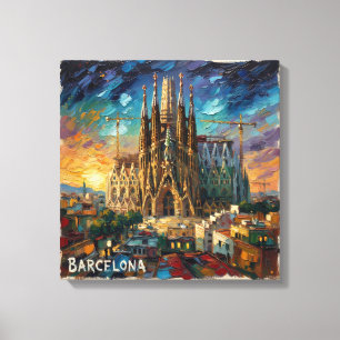 Impressão Em Tela Cena Noturna da Cidade de Barcelona Sagrada em Tel