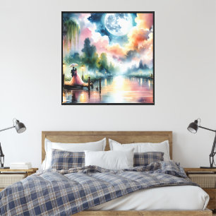 Impressão Em Tela Cena Noturna Romântica ao Luar em Aquarela