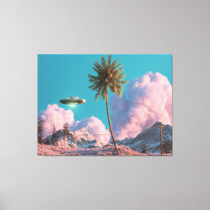 Impressão Em Tela Cena Surrealista de OVNI e Montanha com Palmeira