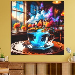 Impressão Em Tela Cena Surrealista de Xícara de Chá com Casas Colori