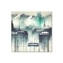 Cena Urbana com Cores de Montanhas, Árvores e