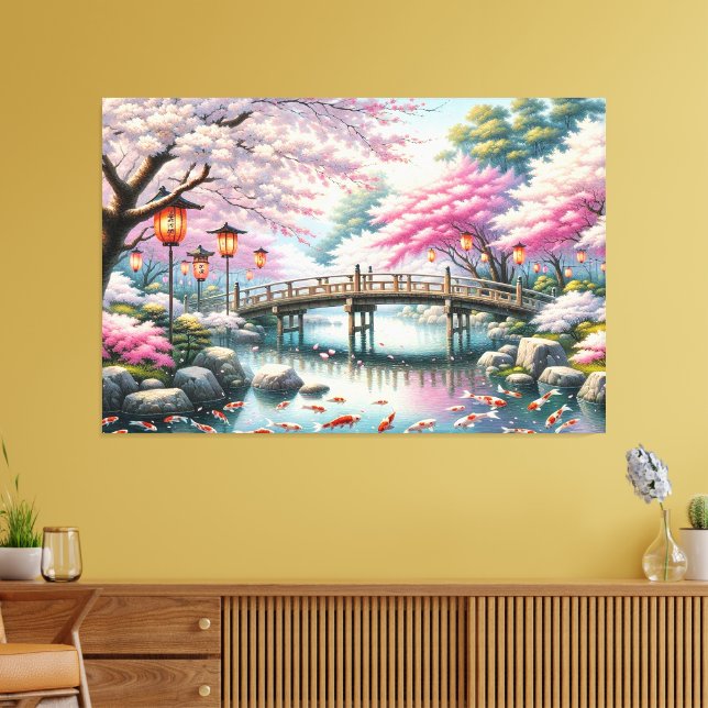 Impressão Em Tela Cenário japonês com Ponte, Koi e Sakura (Insitu(Sala de estar))