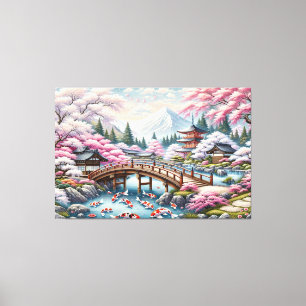 Impressão Em Tela Cenário japonês com Ponte, Koi e Sakura