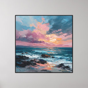 Impressão Em Tela Cenário marinho do pôr do sol com ondas e rochas –