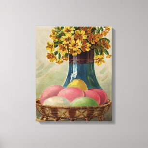 Impressão Em Tela Cesta de Páscoa Ovos Flores Antigo