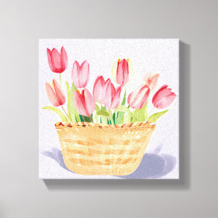 Impressão Em Tela Cesto de Tulipas   Pintura em Aquarela Floral