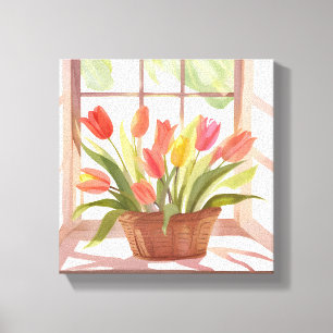 Impressão Em Tela Cesto de Tulipas   Pintura em Aquarela Floral na J