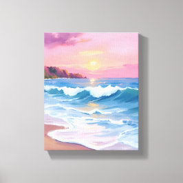 Impressão Em Tela Céus Pastel Rosa | Ondas da Praia em Aquarela Oceâ