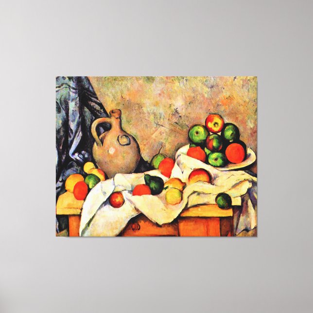 Impressão Em Tela Cezanne - Cortina, Jarro e Frutas, (Frente)